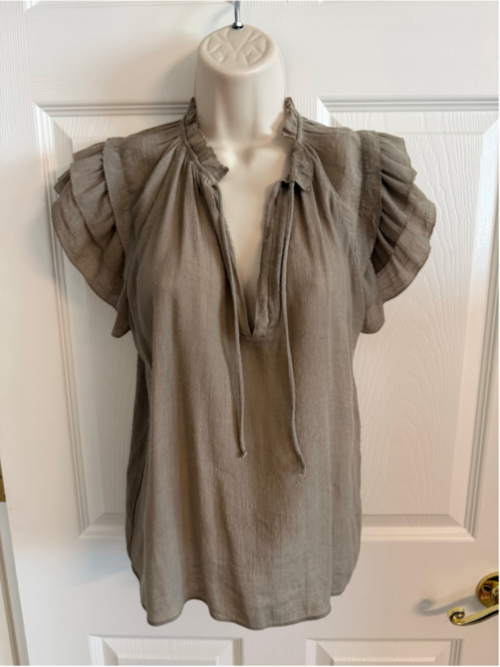 Grade & Gather Olive Green Ruffle Sleeve Tie Neck Blouse Size S